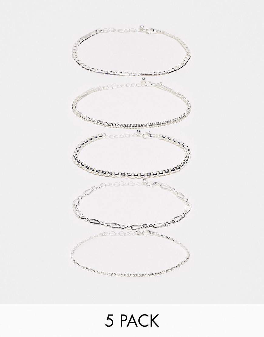 ASOS DESIGN 5-pack chain bracelets in shiny silver tone