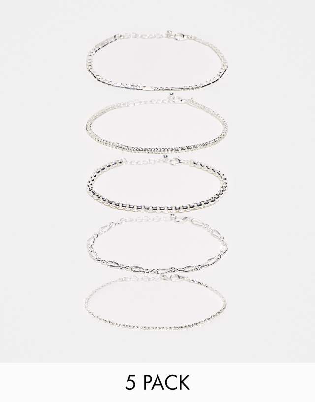 ASOS DESIGN 5-pack chain bracelets in shiny silver tone