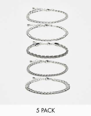 ASOS DESIGN 5 pack chain bracelets in shiny silver tone - ASOS Price Checker