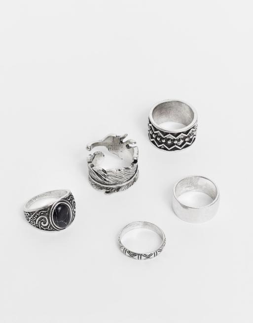 ASOS DESIGN 5 pack chunky ring set in burnished silver tone