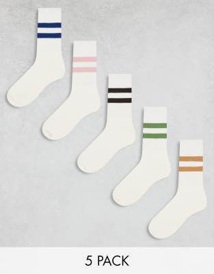 ASOS DESIGN 5 pack coloured stripe socks in ecru-White