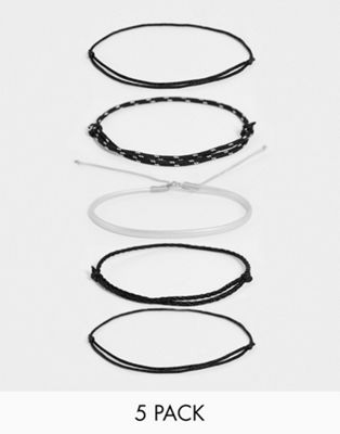 ASOS DESIGN 5 pack cord bracelet set in black and silver