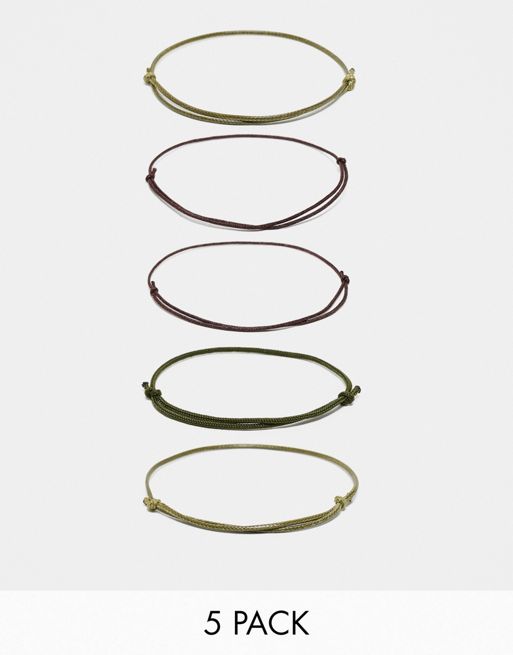  ASOS DESIGN 5 pack cord bracelet set in khaki and brown tones