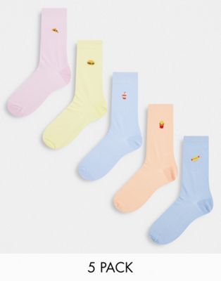 ASOS DESIGN 5 pack embroidered fast food ankle socks in pastel colours