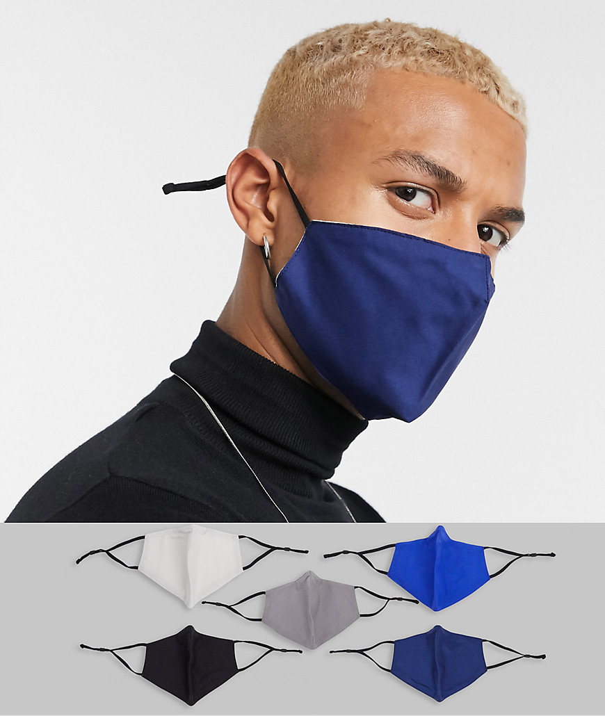 Asos Design 5 Pack Face Covering With Adjustable Straps And Nose Clip In Blue Charcoal And Off White-multi
