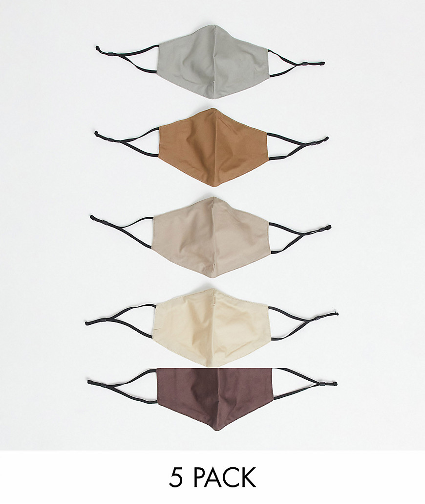 Asos Design 5 Pack Face Covering With Adjustable Straps And Nose Clip In Neutral Colorways-multi