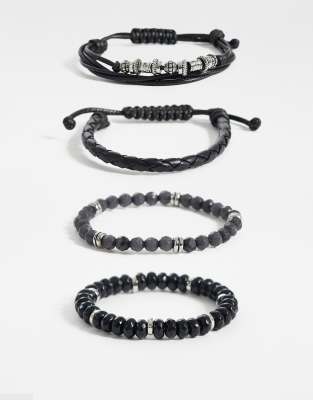 Asos Design 5 Pack Faceted Bead And Fabric Bracelet In Black
