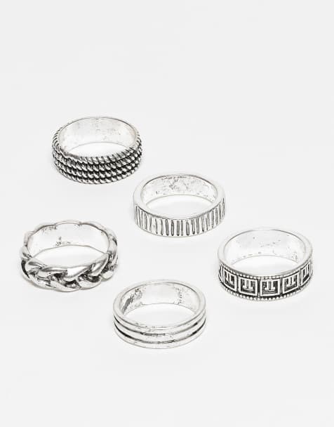 ASOS DESIGN 5 pack greek and textured rings in silver tone - view 1