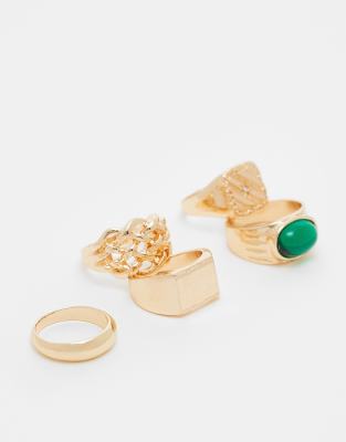 ASOS DESIGN ASOS DESIGN 5 pack green stone and chain signet ring set in gold