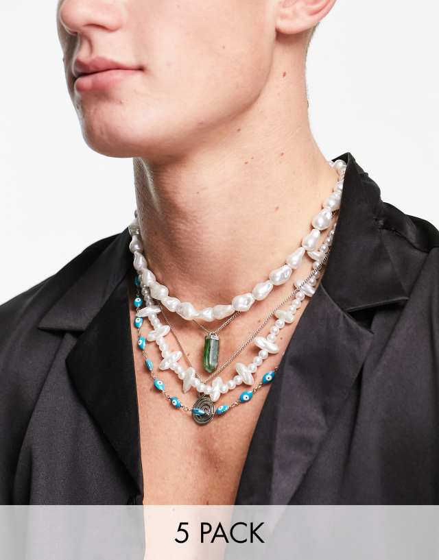 ASOS DESIGN 5 pack layered necklaces with chunky faux freshwater pearls and evil eye beads