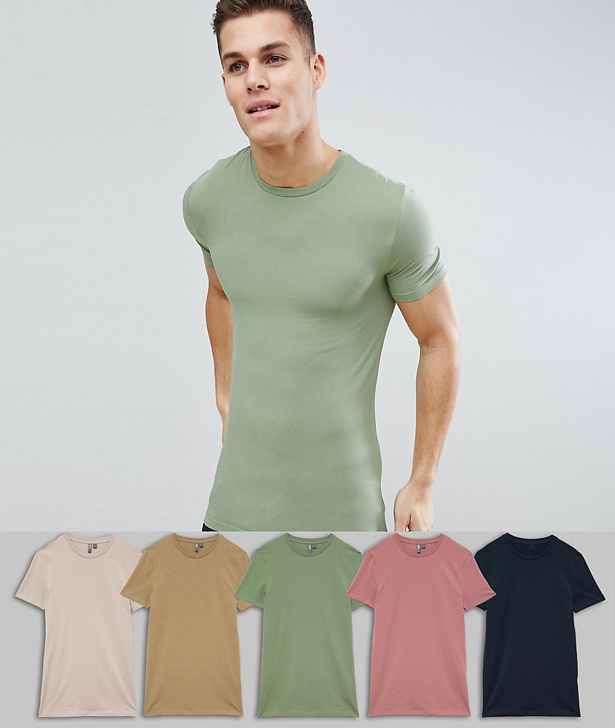 ASOS DESIGN 5 pack longline muscle fit crew neck t-shirt save-Multi