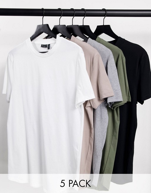 ASOS DESIGN 5 pack longline t-shirt with side splits