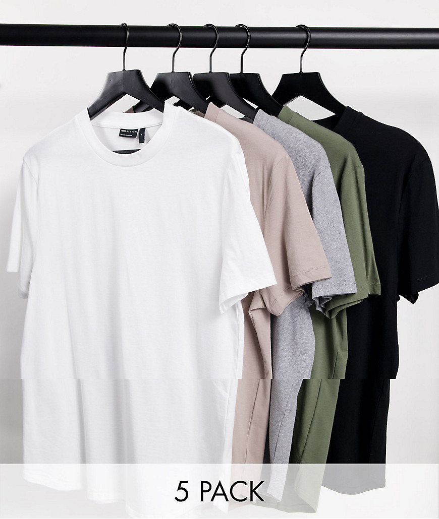 Asos Design 5 Pack Longline T-shirt With Side Splits-multi