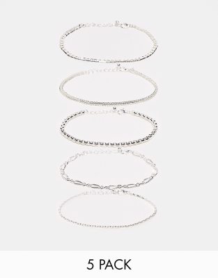 Asos Design 5 Pack Mixed Chain Bracelet Set In Silver Tone