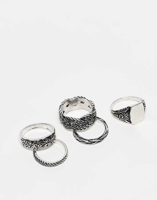  ASOS DESIGN 5 pack mixed ring set in silver tone