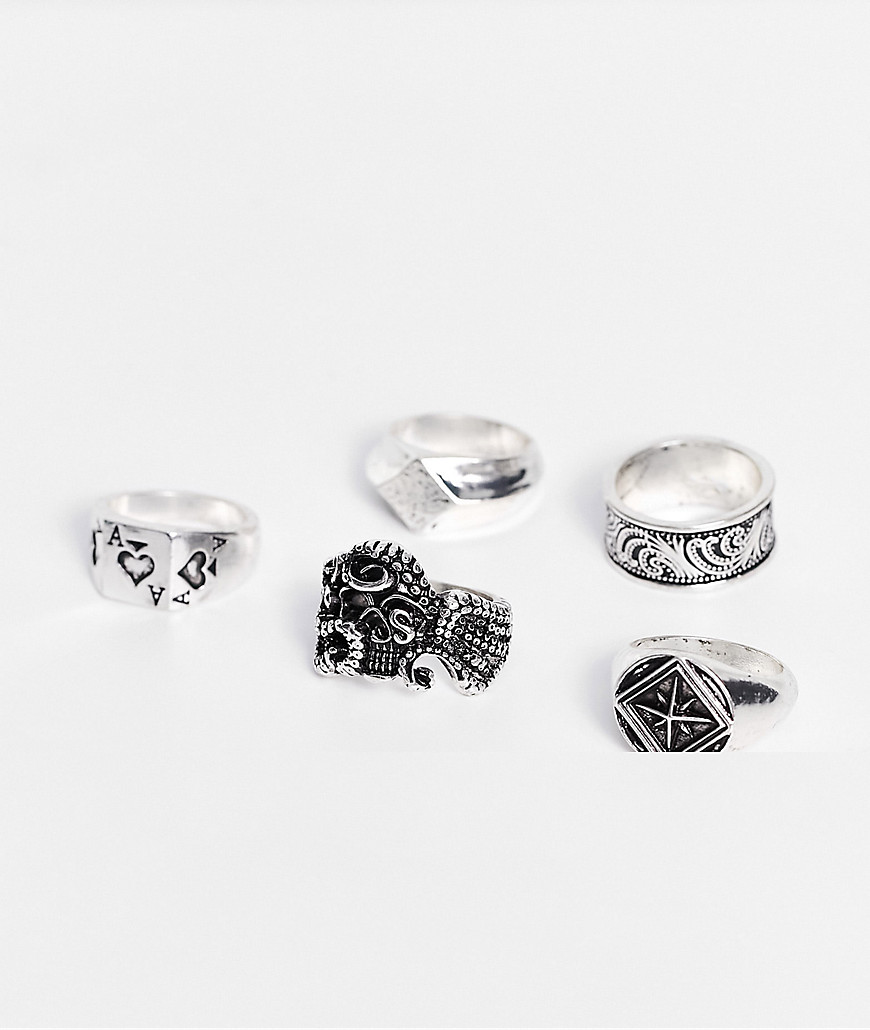 ASOS DESIGN 5 pack mixed ring set with ace of spades and octopus design in burnished silver