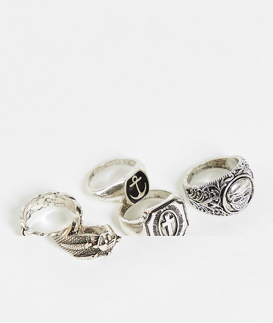 ASOS DESIGN 5 pack mixed signet ring set in silver tone