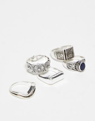 ASOS DESIGN 5 pack mixed signet rings in silver tone