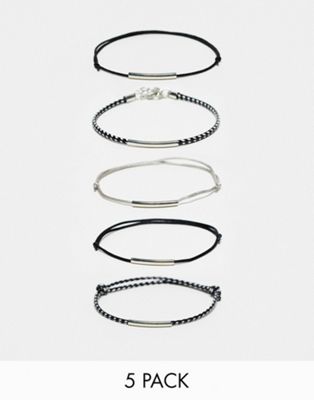 ASOS DESIGN 5 pack monochrome cord bracelets with silver bar