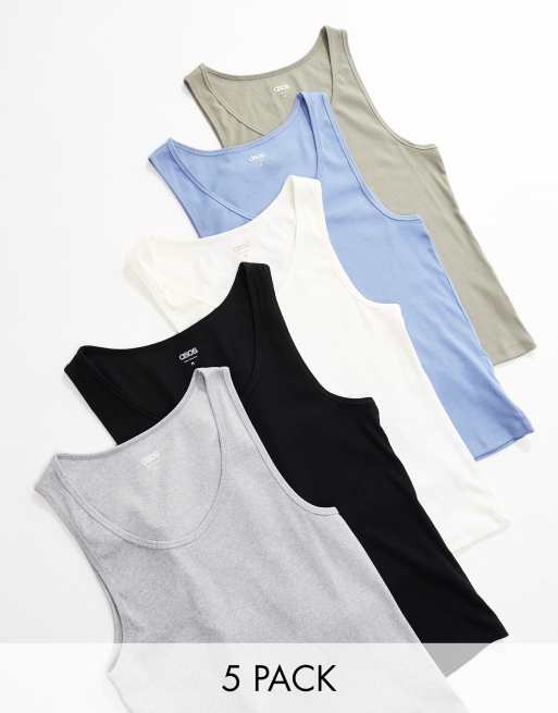 ASOS DESIGN 5 pack muscle fit rib singlets in multiple colours