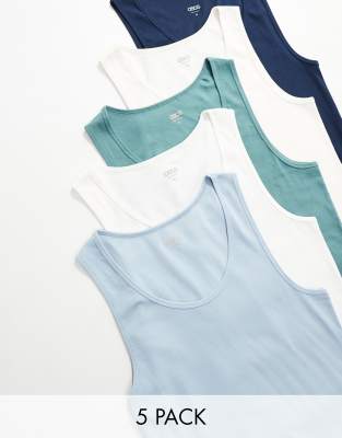 Asos Design 5 Pack Muscle Fit Rib Tank Tops In Multi