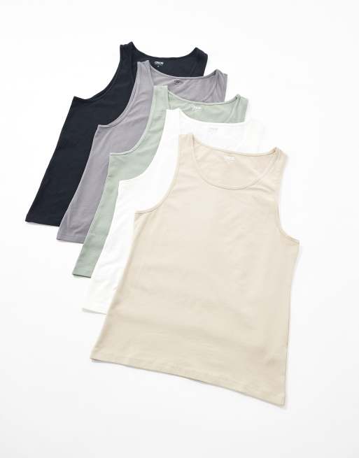ASOS DESIGN 5 pack muscle fit singlets in multiple colours