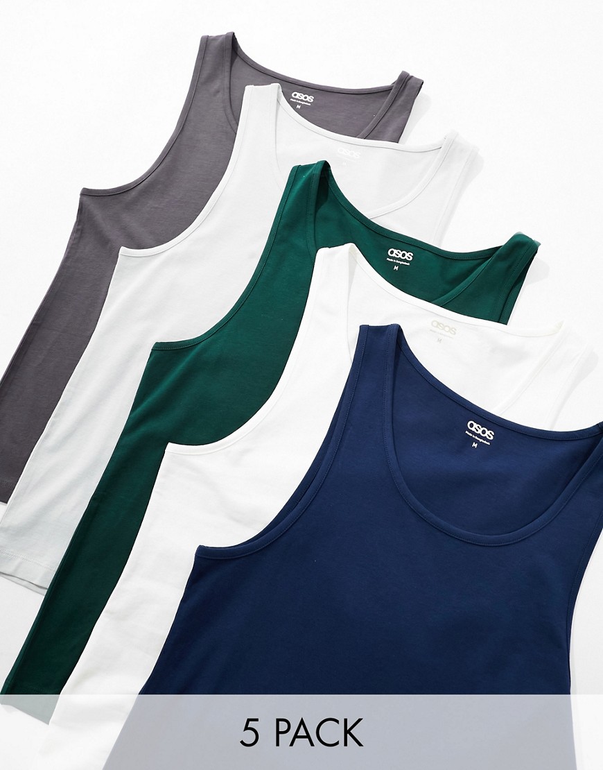 ASOS DESIGN 5 pack muscle fit vest in multiple colours