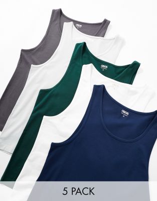 ASOS DESIGN 5 pack muscle fit vests in multiple colours