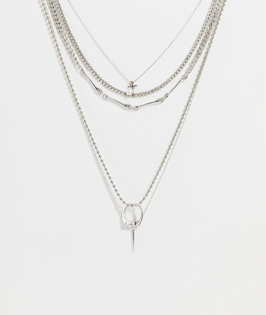 ASOS DESIGN 5-pack neckchain with vintage rocker charms in burnished silver tone