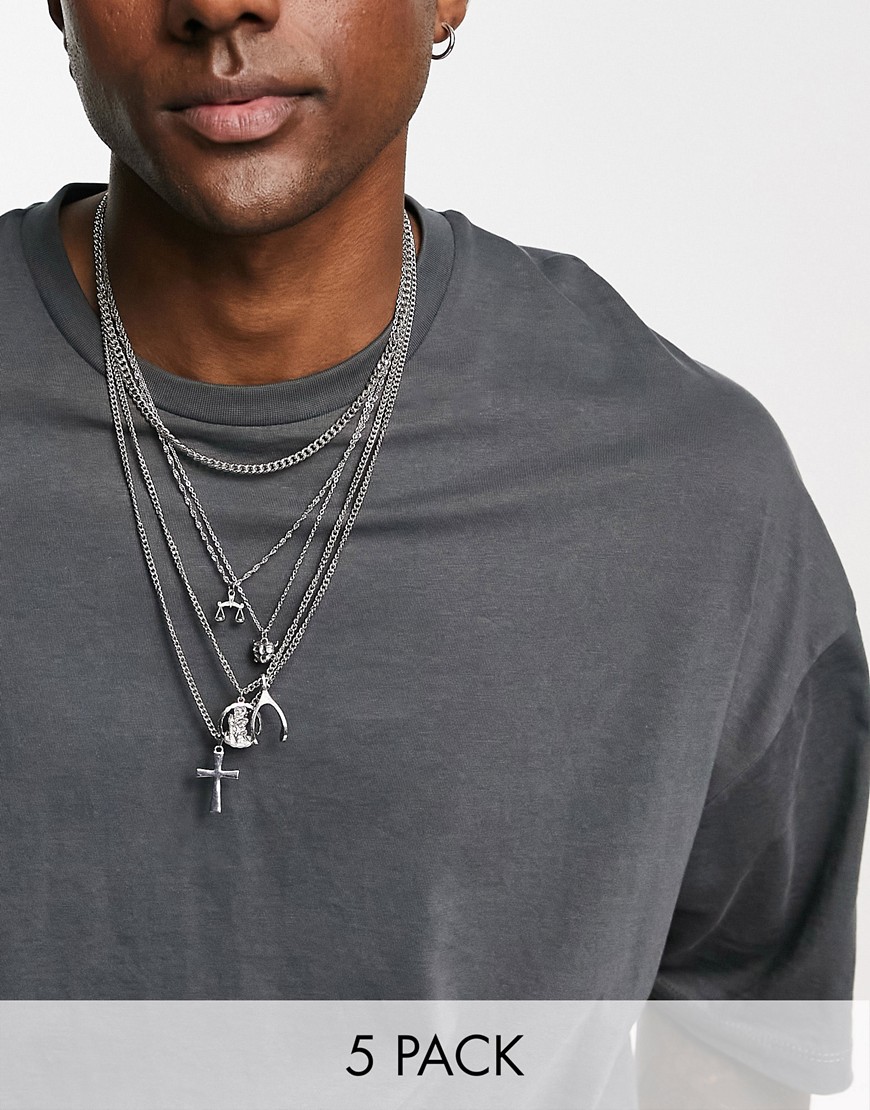 ASOS DESIGN 5 pack necklace set with cross and wishbone pendants in silver tone