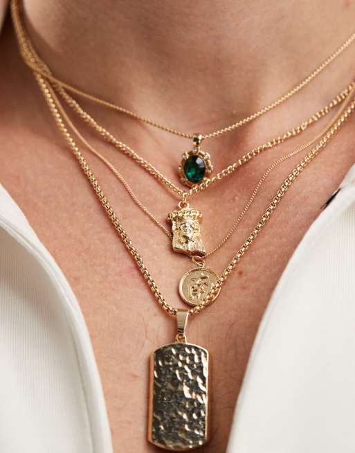 ASOS DESIGN 5 pack necklace set with tag and green crystal in gold tone, 4 of 4