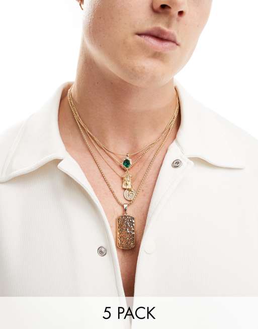 ASOS DESIGN 5 pack necklace set with tag and green crystal in gold  