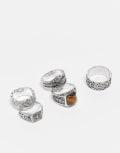 [ASOS DESIGN] ASOS DESIGN 5 pack of claw and compass rings in burnished silver S-M SILVER