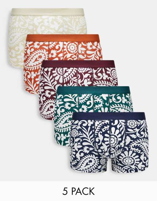 ASOS DESIGN 5 pack of jersey trunks in paisley print