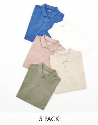 ASOS DESIGN 5 pack pique polos in multiple colors