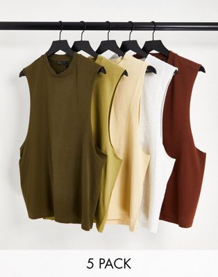 ASOS DESIGN 5 pack relaxed fit vest with dropped armhole in multiple colours
