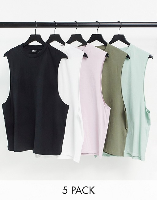 ASOS DESIGN 5 pack relaxed sleeveless t-shirt with dropped armhole