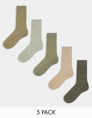 ASOS DESIGN 5 pack ribbed socks in green tones - ASOS Price Checker