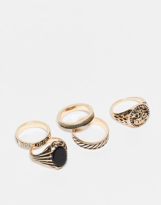  ASOS DESIGN 5 pack ring set in gold with stone detailing