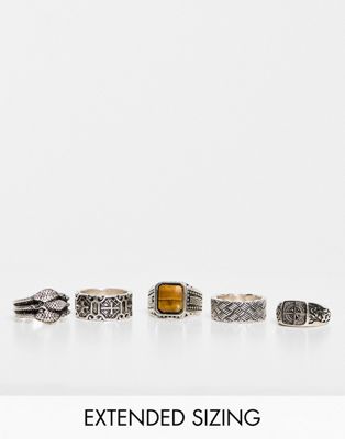 ASOS DESIGN 5 pack ring set with claw and compass in burnished silver tone
