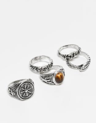 5 pack ring set with compass and faux tigers eye stone in burnished silver tone