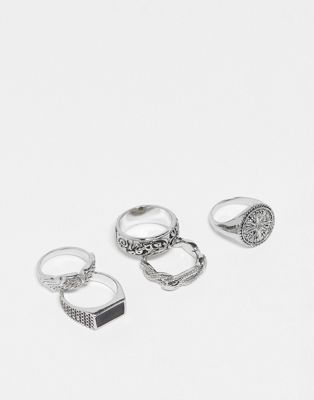 ASOS DESIGN 5 pack ring set with snake and compass in silver tone