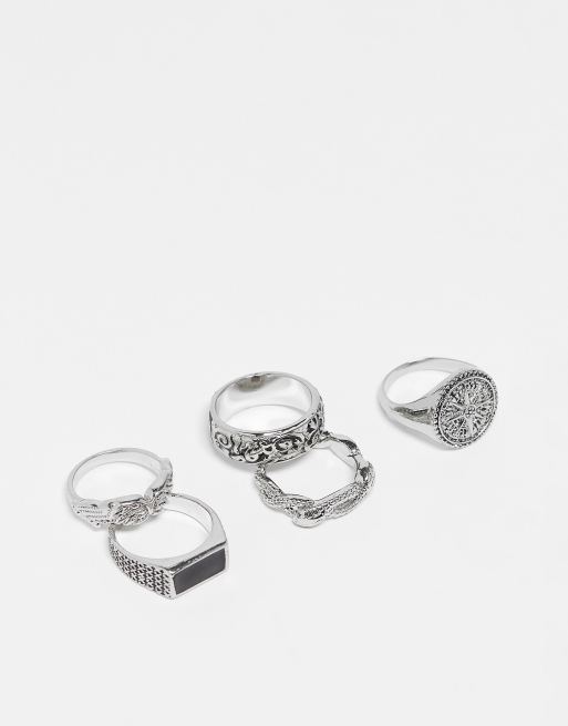 ASOS DESIGN 5 pack ring set with snake and compass in silver tone | ASOS