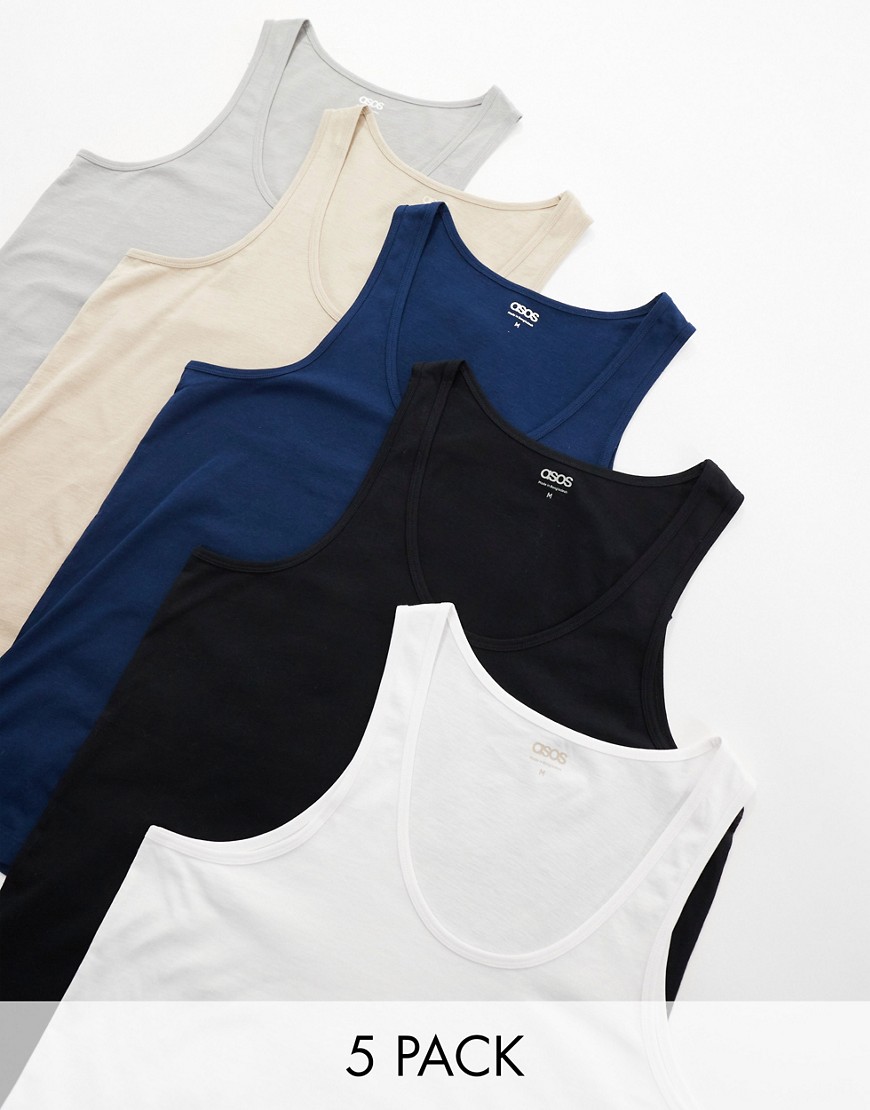 ASOS DESIGN 5 pack scoop neck vests in multiple colours