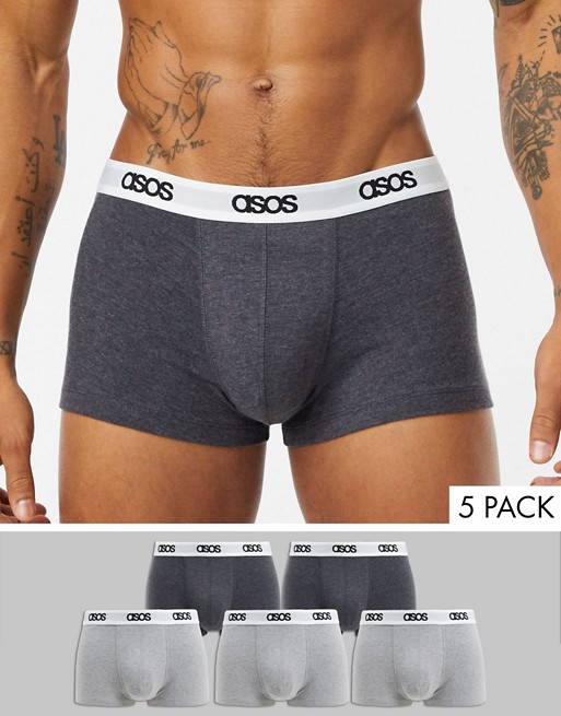 ASOS DESIGN 5 pack short trunk in charcaol and grey marl organic cotton with branded waistband