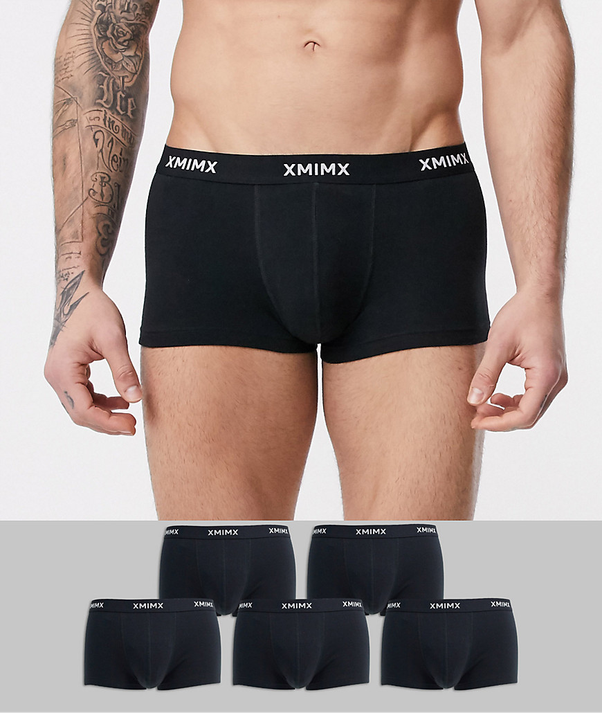 ASOS DESIGN – Svarta korta trunks med XMIMX på midjebandet i 5-pack – Spara
