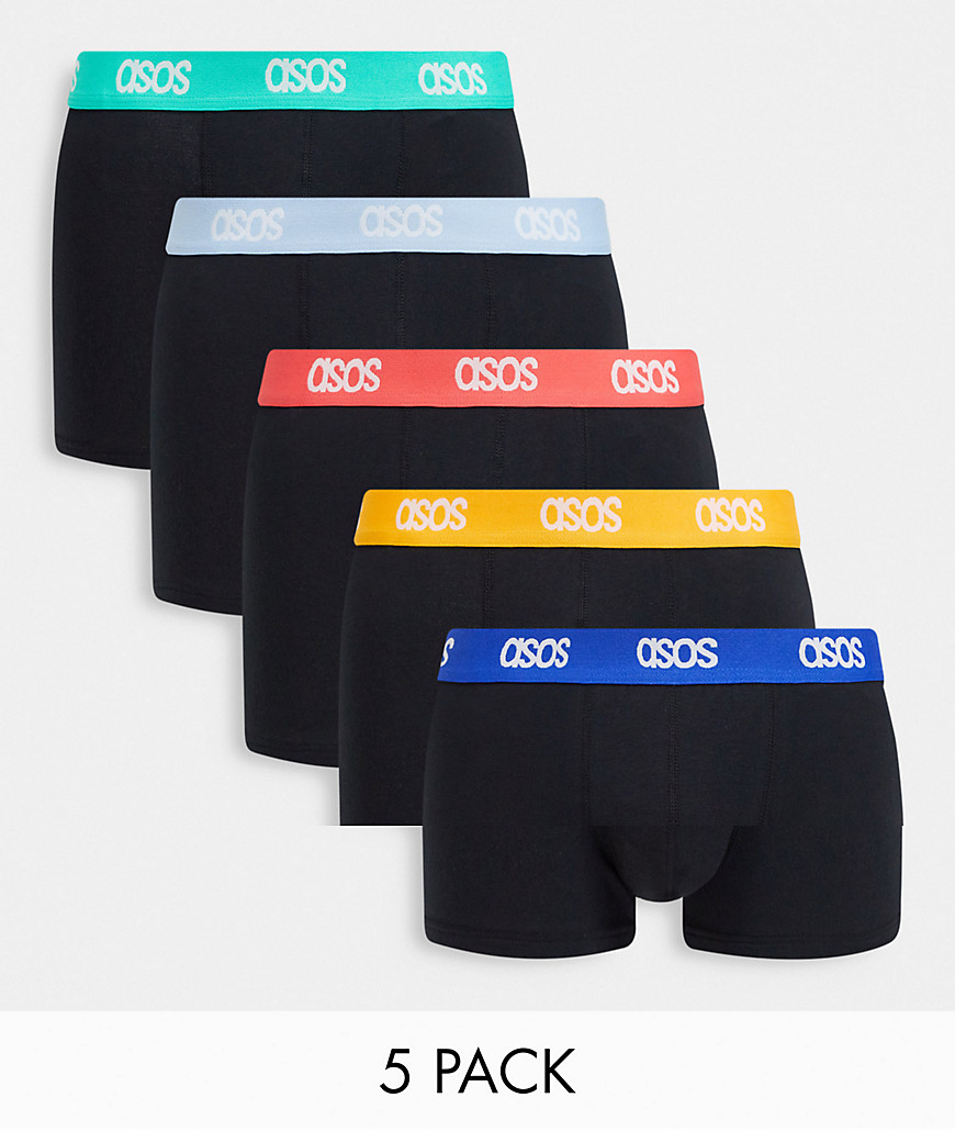 ASOS DESIGN 5-pack short trunks with branded waistband-Black