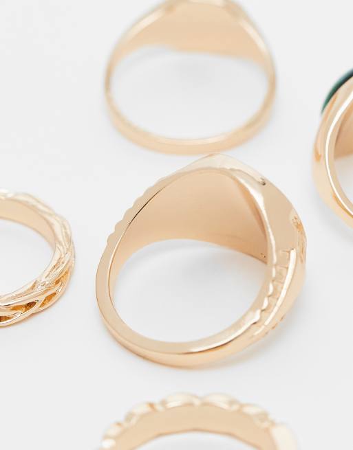 ASOS DESIGN 5 pack signet rings with green stone in gold tone, 3 of 3
