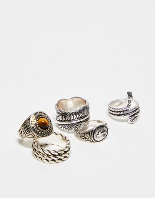 ASOS DESIGN 5 pack signet rings with wrap around snake and feather design in burnished silver tone