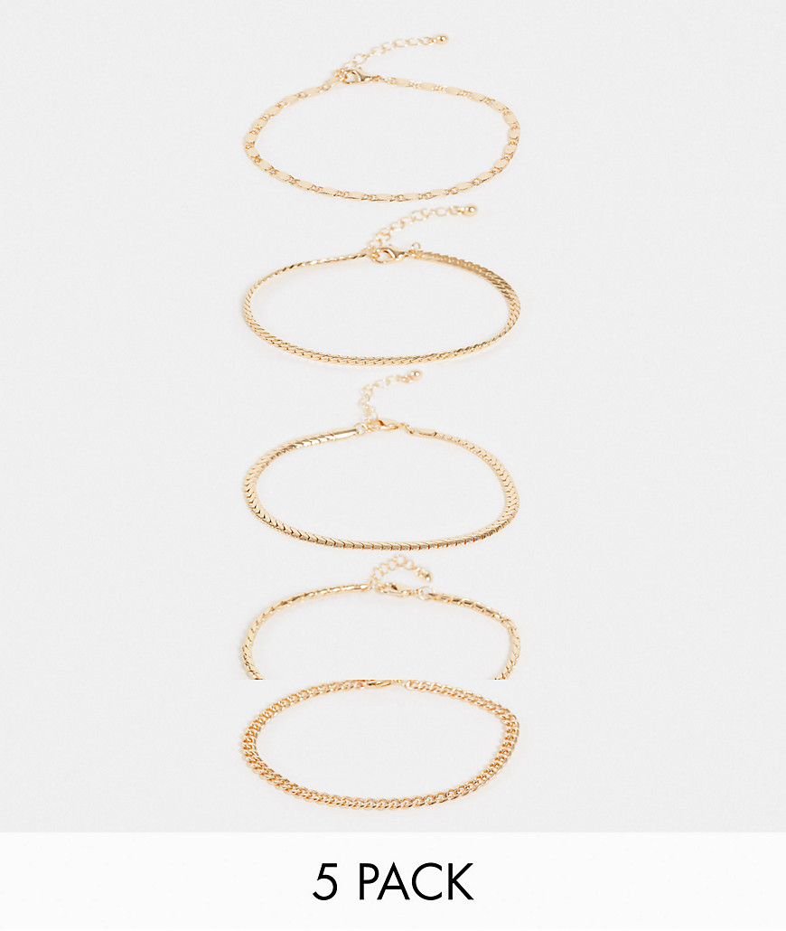 ASOS DESIGN 5-pack skinny chain bracelets in gold tone